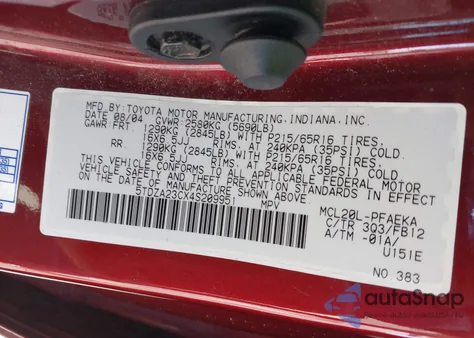 2004 Toyota Sienna Le z USA, uszkodzony, nr VIN 5TDZA23C44S209951